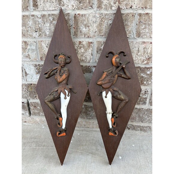 Vintage 1960s Burwood MCM Harlequin Jester 3D Wall Hanging Plaque Pair